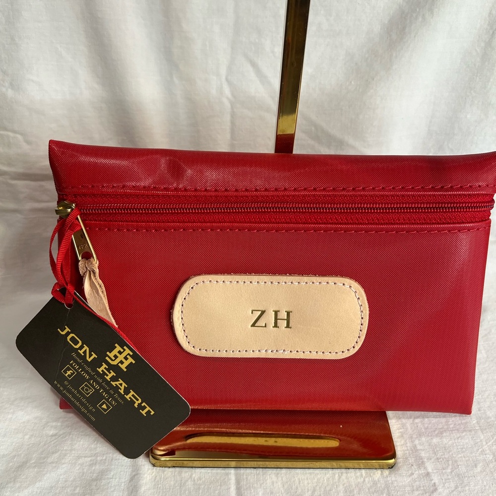 Jon Hart Design Red Cosmetic Pouch with Cream Monogram Patch